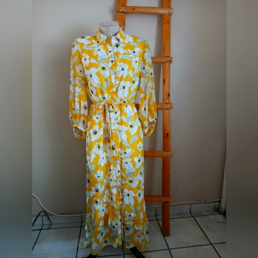 BANANA REPUPLIC button Up Floral Yellow and White Dress